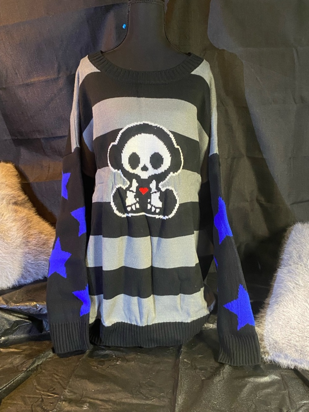 Black & Gray Striped Skull Sweater with Blue Star Sleeves